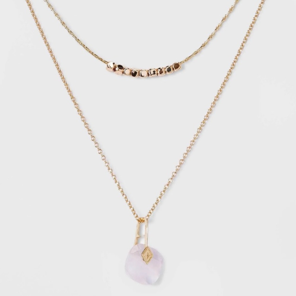 NWT Pink Semi Precious Stone Rose Gold Layered Necklace
